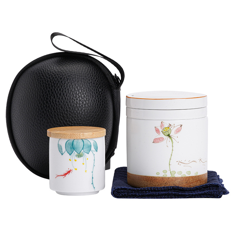 Set de ceai pentru o persoană, pictat manual, ceainic și ceașcă, compact din ceramică pentru călătorii sau birou