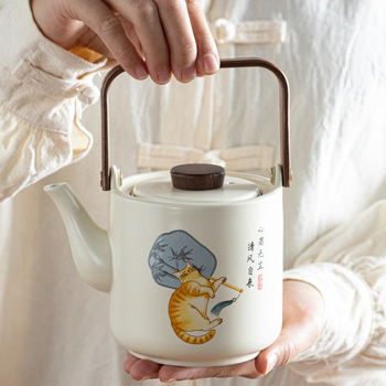Sakura Ru Kiln set de ceai ceramic cu ceainic cu mâner mare, glazură mată, farfurie de bambus, cutie cadou