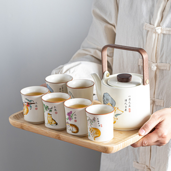 Sakura Ru Kiln set de ceai ceramic cu ceainic cu mâner mare, glazură mată, farfurie de bambus, cutie cadou