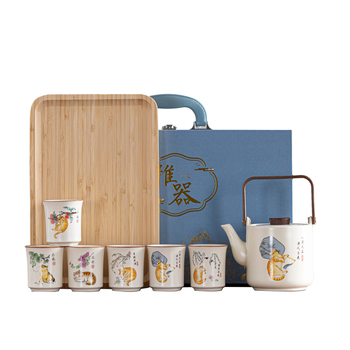 Sakura Ru Kiln set de ceai ceramic cu ceainic cu mâner mare, glazură mată, farfurie de bambus, cutie cadou