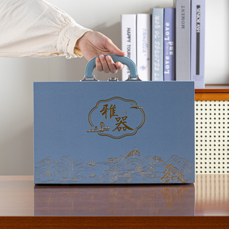 Sakura Ru Kiln set de ceai ceramic cu ceainic cu mâner mare, glazură mată, farfurie de bambus, cutie cadou