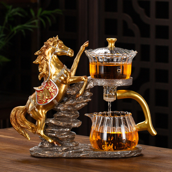 Set de ceai Kung Fu din sticlă cu ceainic, accesorii pentru ceremonia ceaiului, tavă pentru separarea apei de ceai, suport din bambus, pentru 6 persoane, stil nou chinezesc