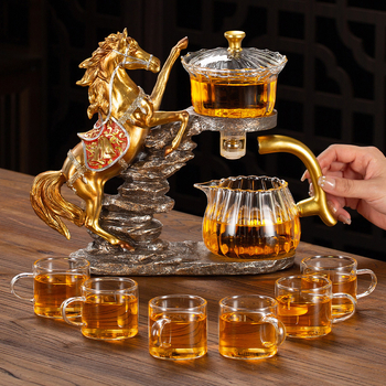 Set de ceai Kung Fu din sticlă cu ceainic, accesorii pentru ceremonia ceaiului, tavă pentru separarea apei de ceai, suport din bambus, pentru 6 persoane, stil nou chinezesc