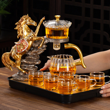 Set de ceai Kung Fu din sticlă cu ceainic, accesorii pentru ceremonia ceaiului, tavă pentru separarea apei de ceai, suport din bambus, pentru 6 persoane, stil nou chinezesc