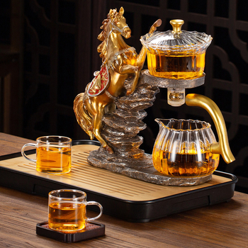 Set de ceai Kung Fu din sticlă cu ceainic, accesorii pentru ceremonia ceaiului, tavă pentru separarea apei de ceai, suport din bambus, pentru 6 persoane, stil nou chinezesc
