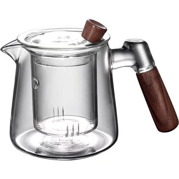Ceainic din sticlă cu mâner din lemn, rezistent la temperaturi înalte, sticlă îngroșată, protecție la arsură, infuzor cu separare a apei, mare capacitate, ceainic pentru ceai de flori