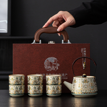 Ceainic Ru Kiln cu mâner și set cadou cu un ceainic și șase cești, în stil nou chinezesc, pentru casă, birou și întâmpinarea oaspeților