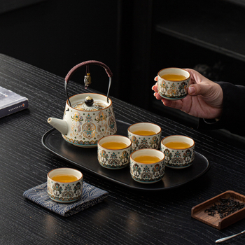 Ceainic Ru Kiln cu mâner și set cadou cu un ceainic și șase cești, în stil nou chinezesc, pentru casă, birou și întâmpinarea oaspeților