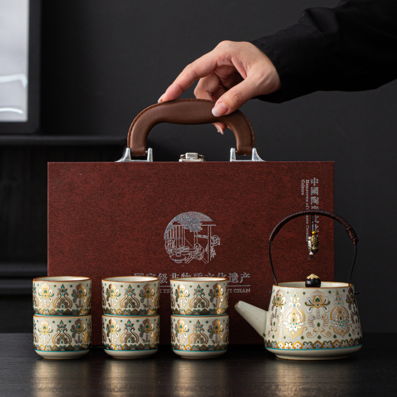 Ceainic Ru Kiln cu mâner și set cadou cu un ceainic și șase cești, în stil nou chinezesc, pentru casă, birou și întâmpinarea oaspeților