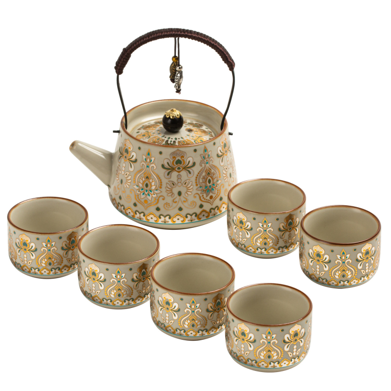 Ceainic Ru Kiln cu mâner și set cadou cu un ceainic și șase cești, în stil nou chinezesc, pentru casă, birou și întâmpinarea oaspeților