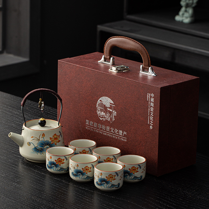 Ceainic Ru Kiln cu mâner și set cadou cu un ceainic și șase cești, în stil nou chinezesc, pentru casă, birou și întâmpinarea oaspeților