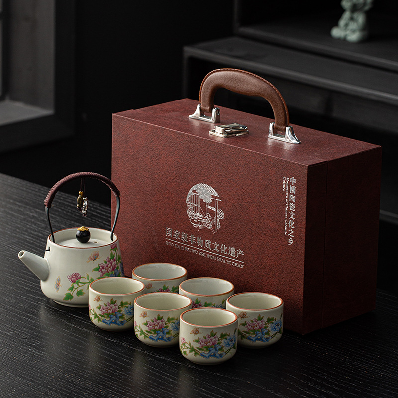 Ceainic Ru Kiln cu mâner și set cadou cu un ceainic și șase cești, în stil nou chinezesc, pentru casă, birou și întâmpinarea oaspeților