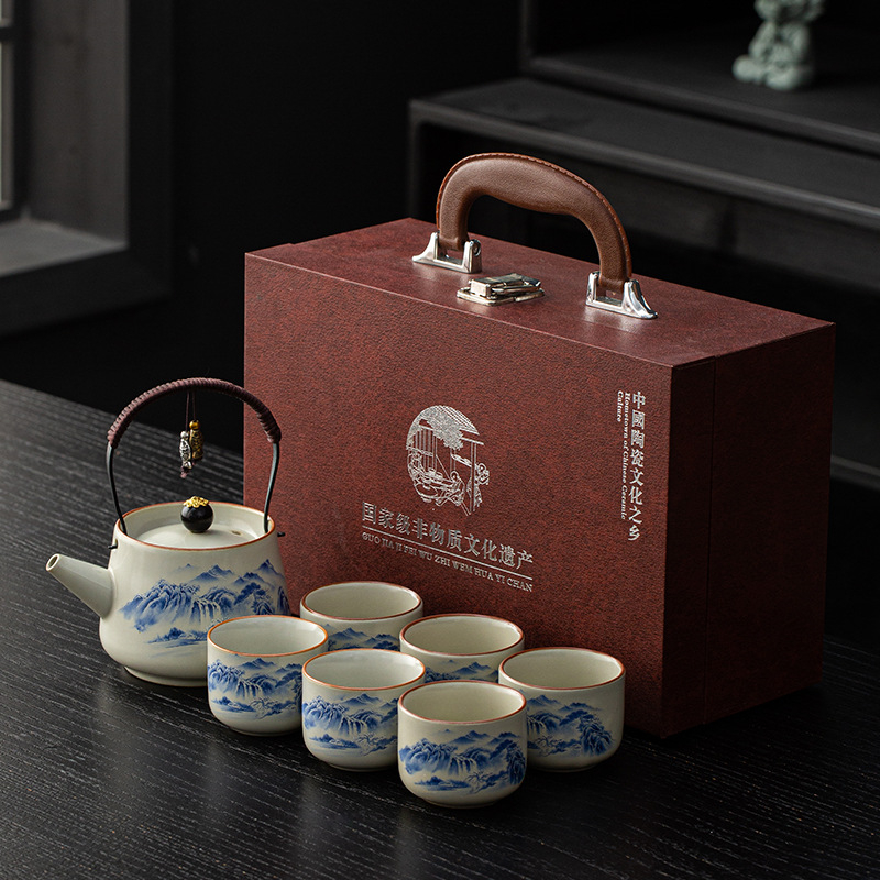 Ceainic Ru Kiln cu mâner și set cadou cu un ceainic și șase cești, în stil nou chinezesc, pentru casă, birou și întâmpinarea oaspeților