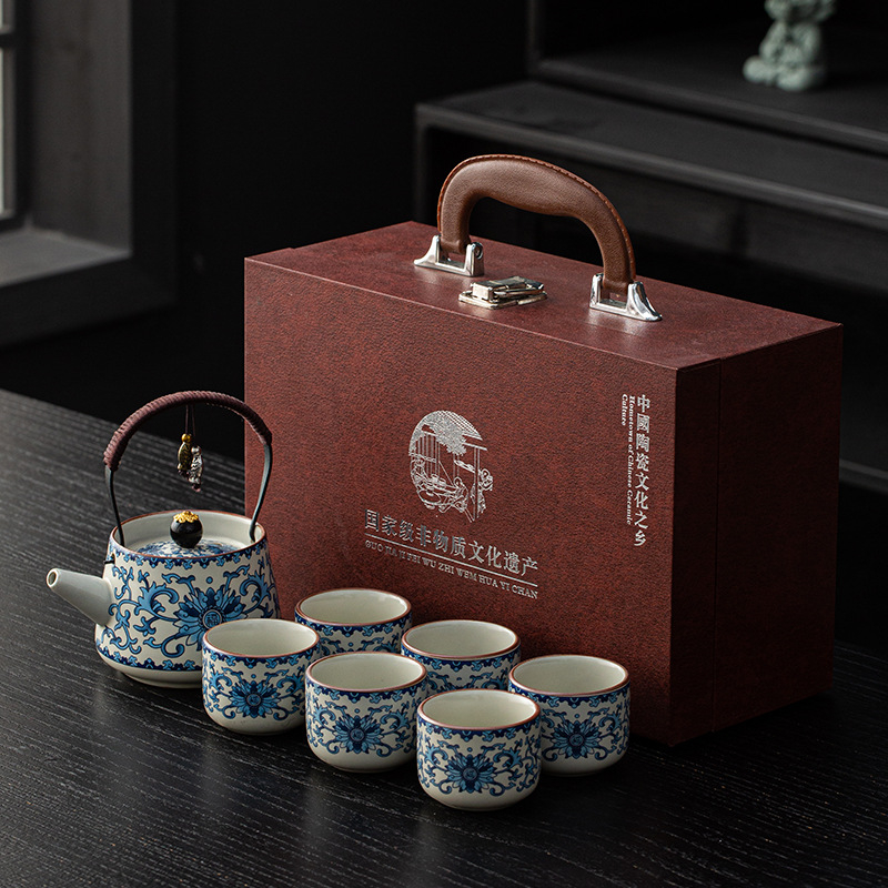 Ceainic Ru Kiln cu mâner și set cadou cu un ceainic și șase cești, în stil nou chinezesc, pentru casă, birou și întâmpinarea oaspeților
