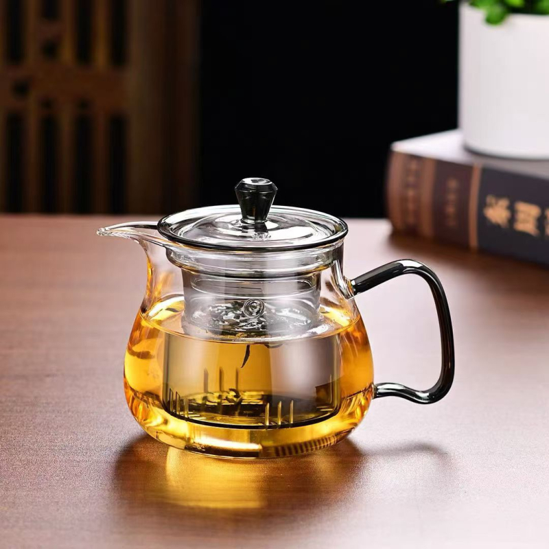 Ceainic din sticlă borosilicată pentru ceai verde, uz casnic, stil japonez cu ceai cu flori, rezistent la temperaturi înalte, pereți groși