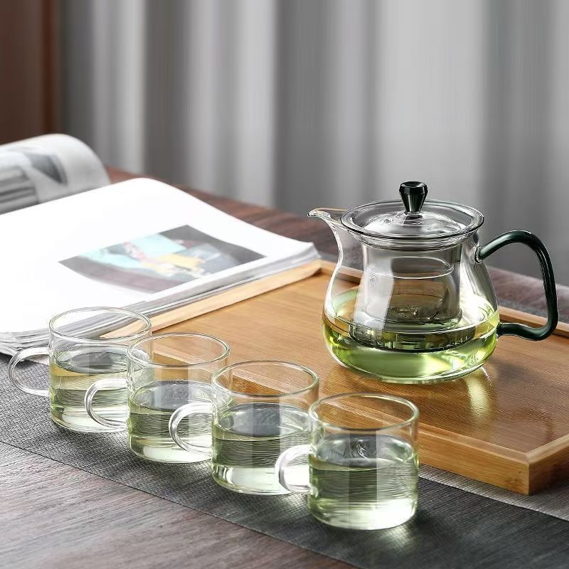 Ceainic din sticlă borosilicată pentru ceai verde, uz casnic, stil japonez cu ceai cu flori, rezistent la temperaturi înalte, pereți groși