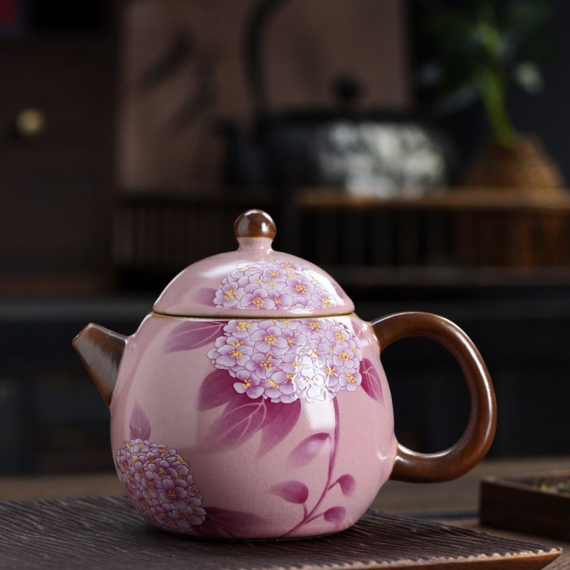 Ceainic Ru kiln cu motiv hydrangea, pentru uz casnic, anti-arzire, glazură craquelată, set ceramic de ceai în stil kung fu
