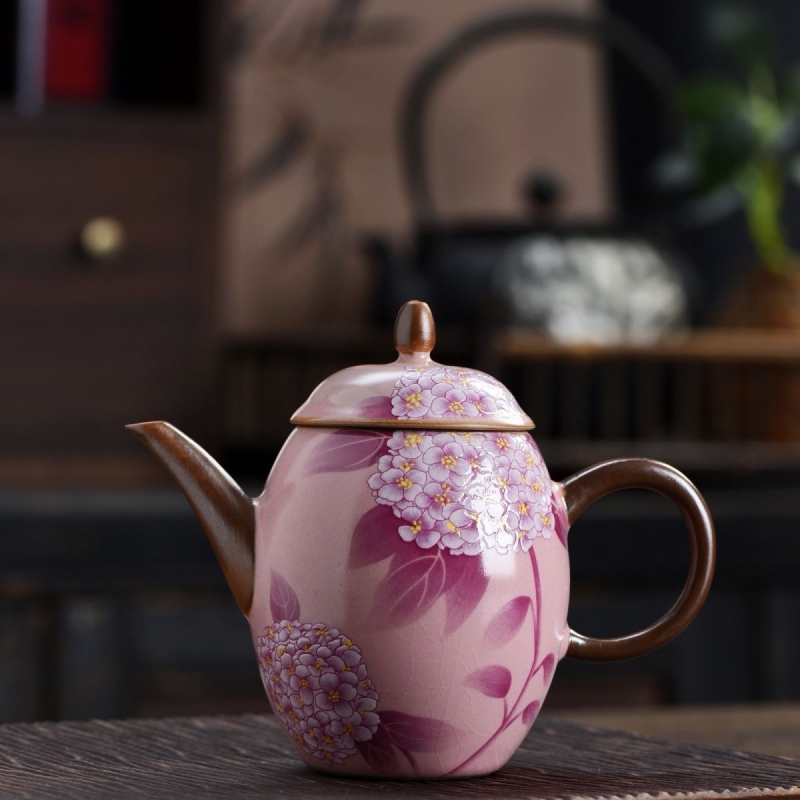 Ceainic Ru kiln cu motiv hydrangea, pentru uz casnic, anti-arzire, glazură craquelată, set ceramic de ceai în stil kung fu
