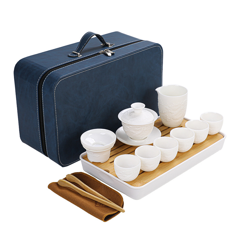 Set de ceai din ceramică cu jad alb, cu tavă – design minimalist, cadou de afaceri, personalizabil cu logo