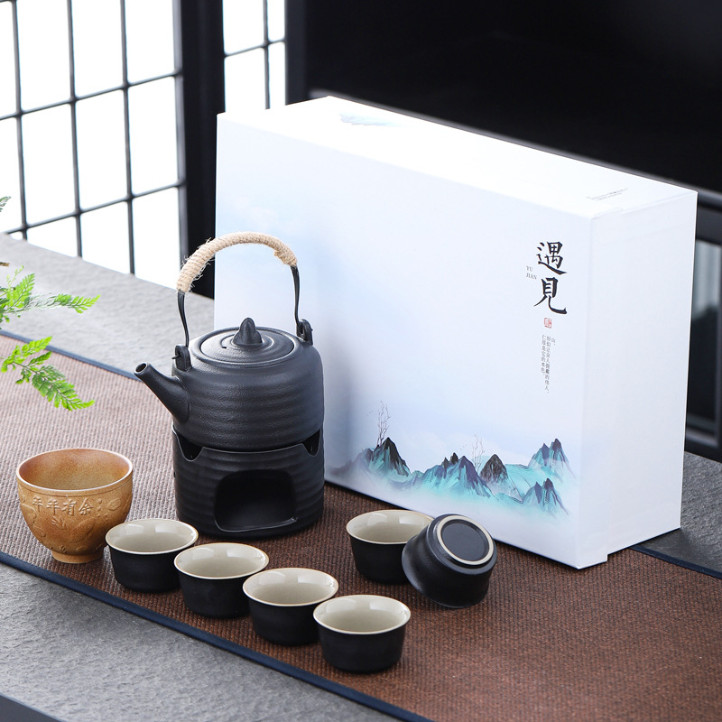 Set de ceai Kung Fu din ceramică neagră – set complet cu ceainic și cești, în cutie cadou, pentru uz casnic