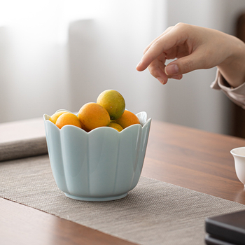 Set ceramic pentru ceremonia ceaiului Jianshui: recipient pentru zațuri de ceai, rinser pentru ceai în cești, bazin de apă, găleată pentru zațuri și farfurie ceramică japoneză pentru fructe