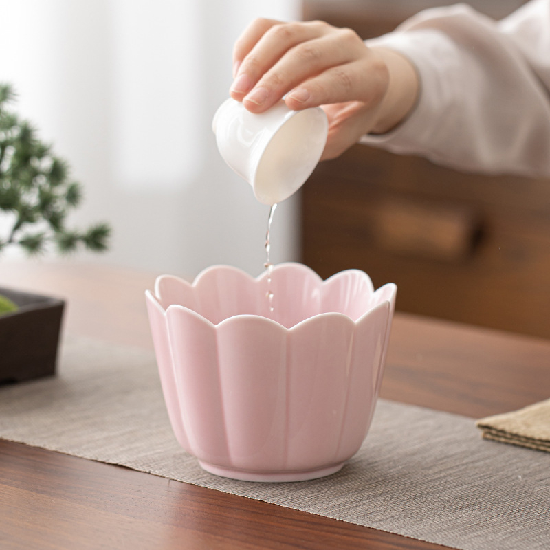 Set ceramic pentru ceremonia ceaiului Jianshui: recipient pentru zațuri de ceai, rinser pentru ceai în cești, bazin de apă, găleată pentru zațuri și farfurie ceramică japoneză pentru fructe