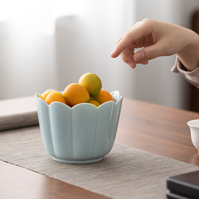 Set ceramic pentru ceremonia ceaiului Jianshui: recipient pentru zațuri de ceai, rinser pentru ceai în cești, bazin de apă, găleată pentru zațuri și farfurie ceramică japoneză pentru fructe