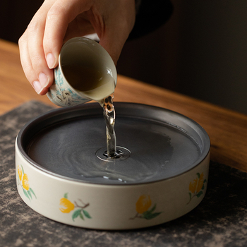 Set ceramic Gongfu pentru ceai, cu tavă de servire și ceainic rotund cu capac din metal, glazură Grass Ash, pentru uz casnic