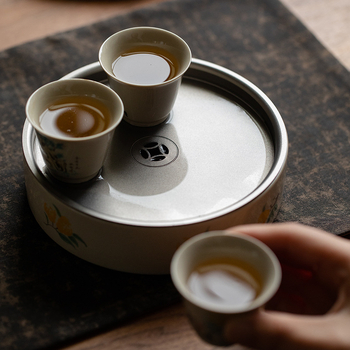 Set ceramic Gongfu pentru ceai, cu tavă de servire și ceainic rotund cu capac din metal, glazură Grass Ash, pentru uz casnic