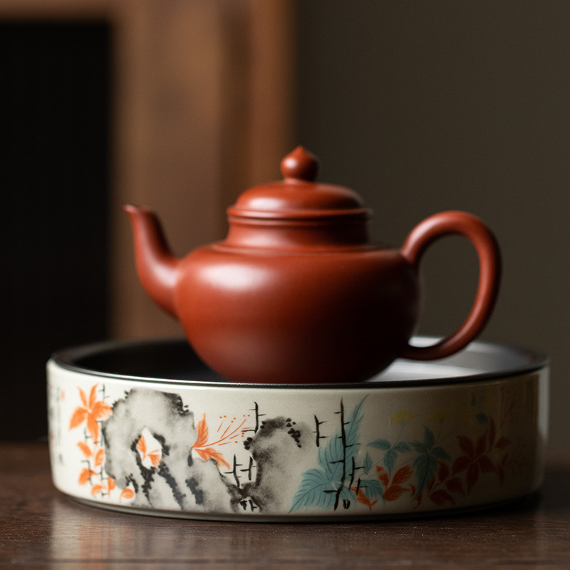Set ceramic Gongfu pentru ceai, cu tavă de servire și ceainic rotund cu capac din metal, glazură Grass Ash, pentru uz casnic