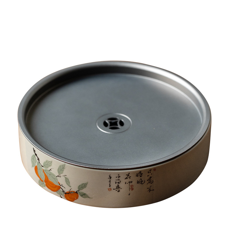Set ceramic Gongfu pentru ceai, cu tavă de servire și ceainic rotund cu capac din metal, glazură Grass Ash, pentru uz casnic