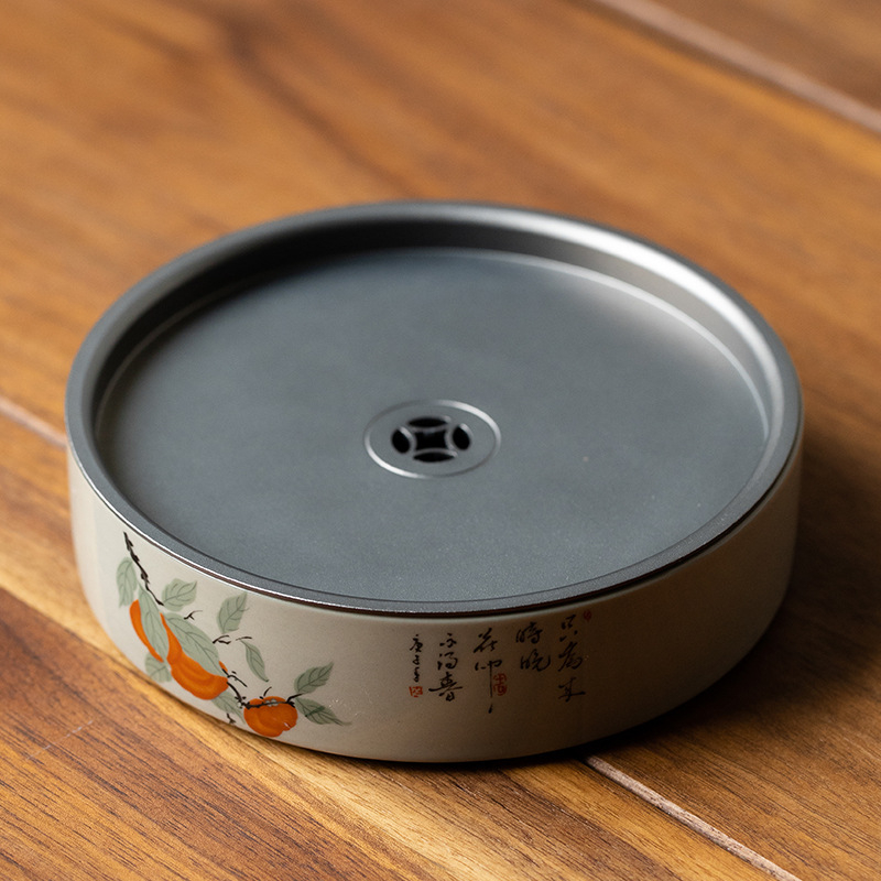 Set ceramic Gongfu pentru ceai, cu tavă de servire și ceainic rotund cu capac din metal, glazură Grass Ash, pentru uz casnic