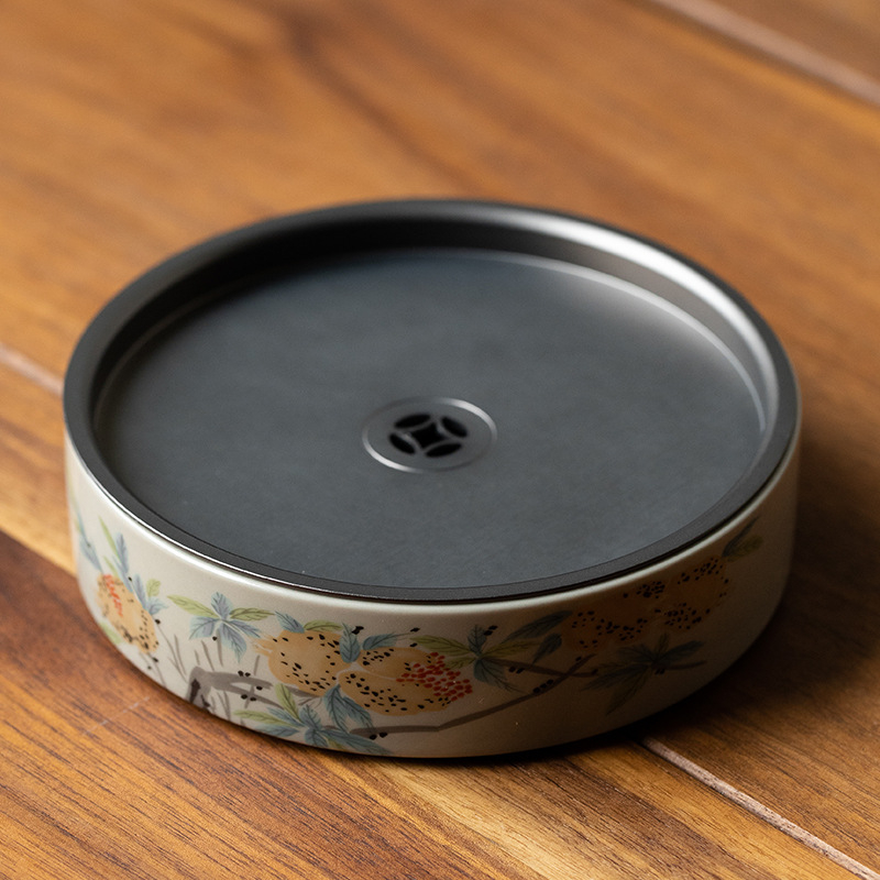 Set ceramic Gongfu pentru ceai, cu tavă de servire și ceainic rotund cu capac din metal, glazură Grass Ash, pentru uz casnic