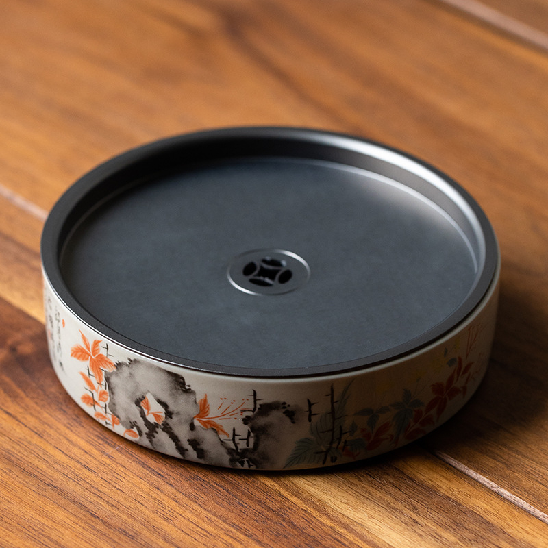 Set ceramic Gongfu pentru ceai, cu tavă de servire și ceainic rotund cu capac din metal, glazură Grass Ash, pentru uz casnic