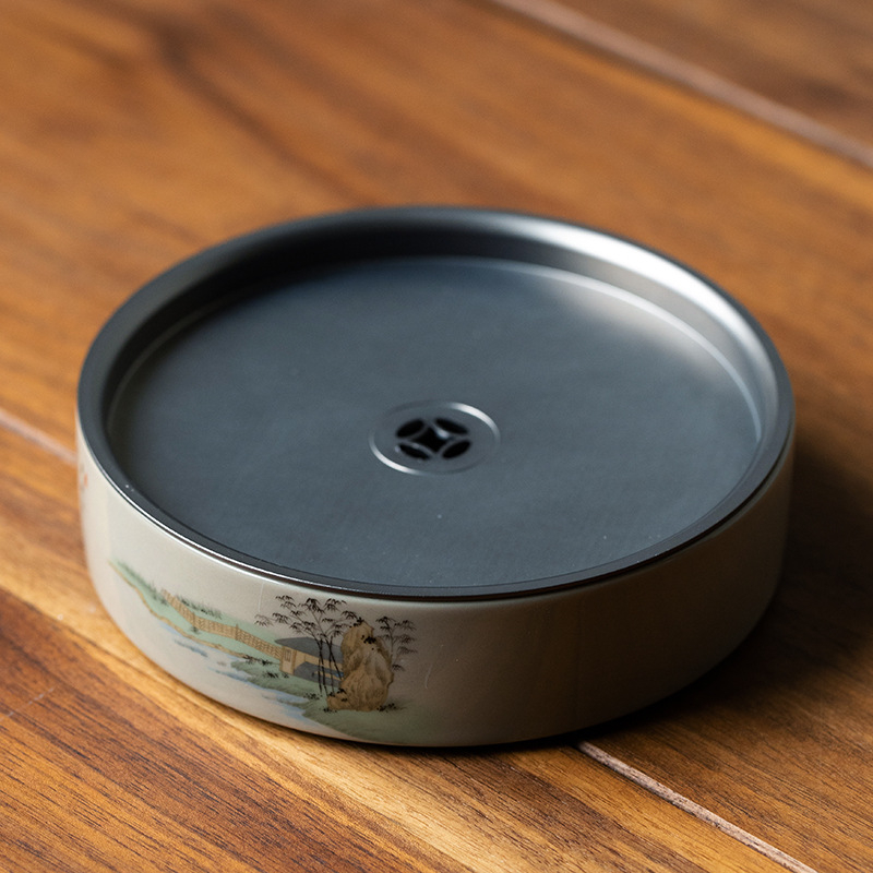 Set ceramic Gongfu pentru ceai, cu tavă de servire și ceainic rotund cu capac din metal, glazură Grass Ash, pentru uz casnic