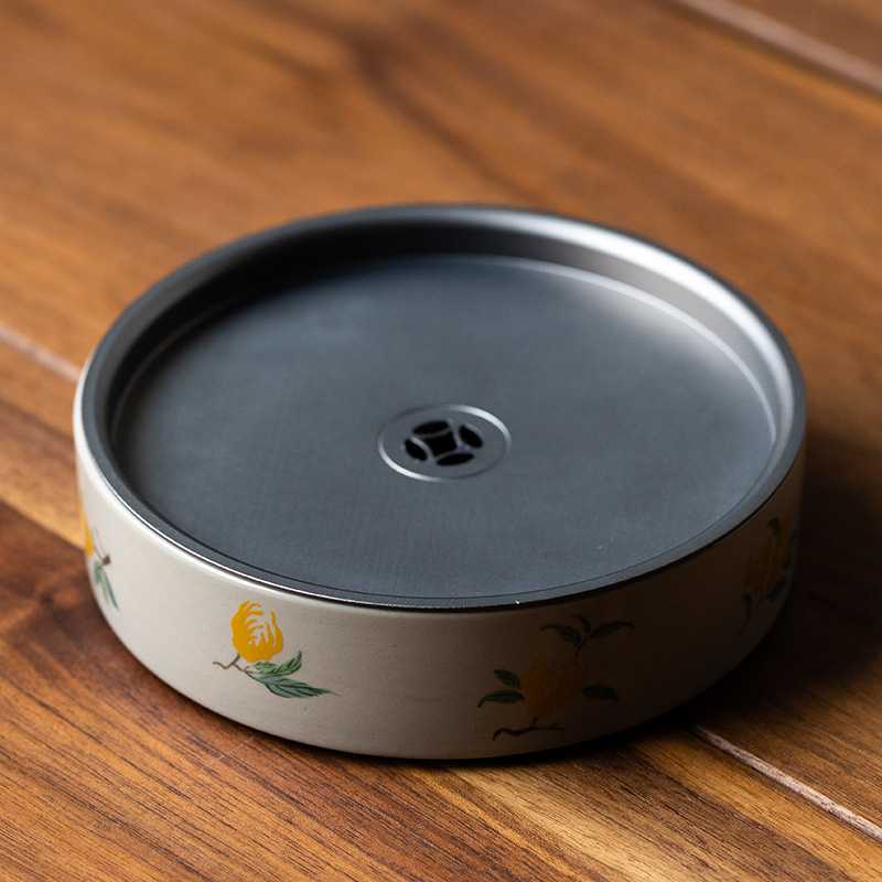 Set ceramic Gongfu pentru ceai, cu tavă de servire și ceainic rotund cu capac din metal, glazură Grass Ash, pentru uz casnic