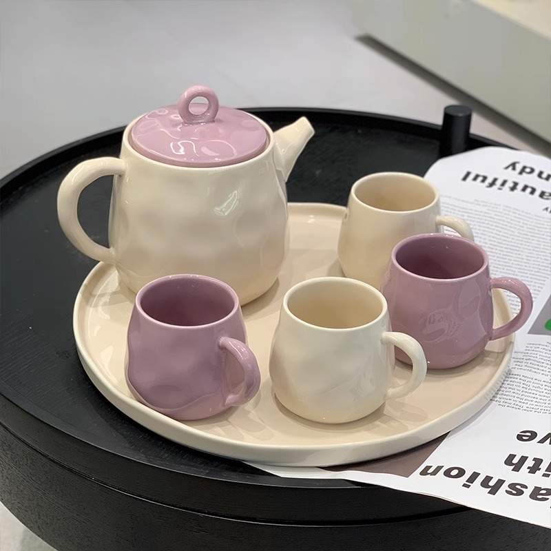 Set ceramic de ceai cu ceainic, căni și tavă în cutie cadou; capacitate pentru 6 porții; stil modern; cadou potrivit pentru casă nouă sau pentru nuntă