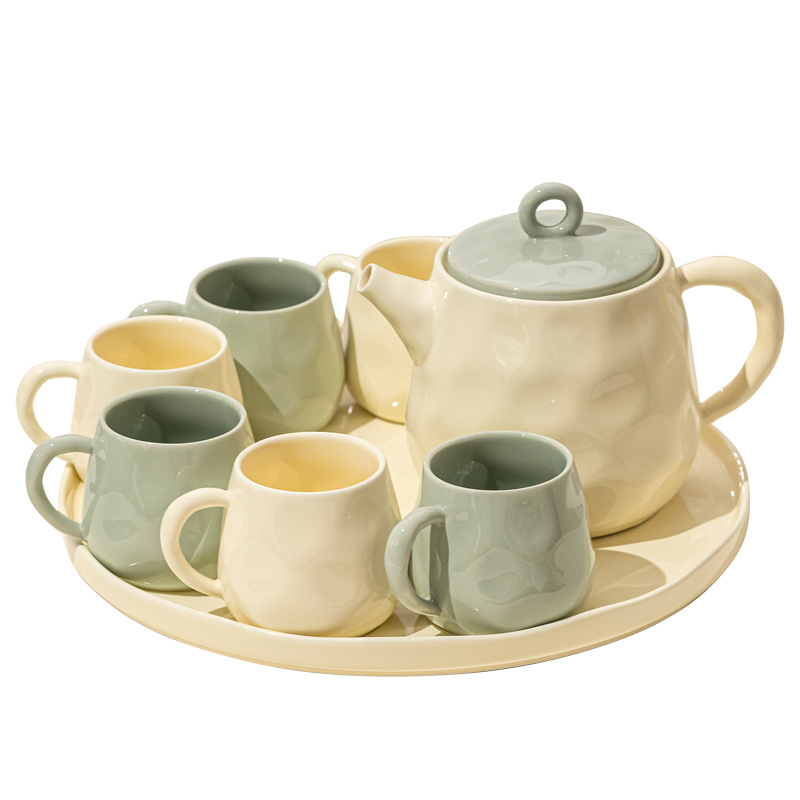 Set ceramic de ceai cu ceainic, căni și tavă în cutie cadou; capacitate pentru 6 porții; stil modern; cadou potrivit pentru casă nouă sau pentru nuntă