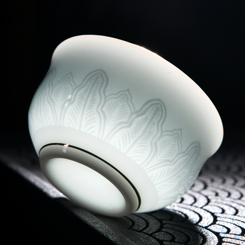 Ceașcă Gongfu pentru ceai – ceașcă ceramică individuală, set de ceai ceramic cu relief celadon, dimensiune mare