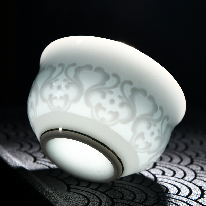 Ceașcă Gongfu pentru ceai – ceașcă ceramică individuală, set de ceai ceramic cu relief celadon, dimensiune mare