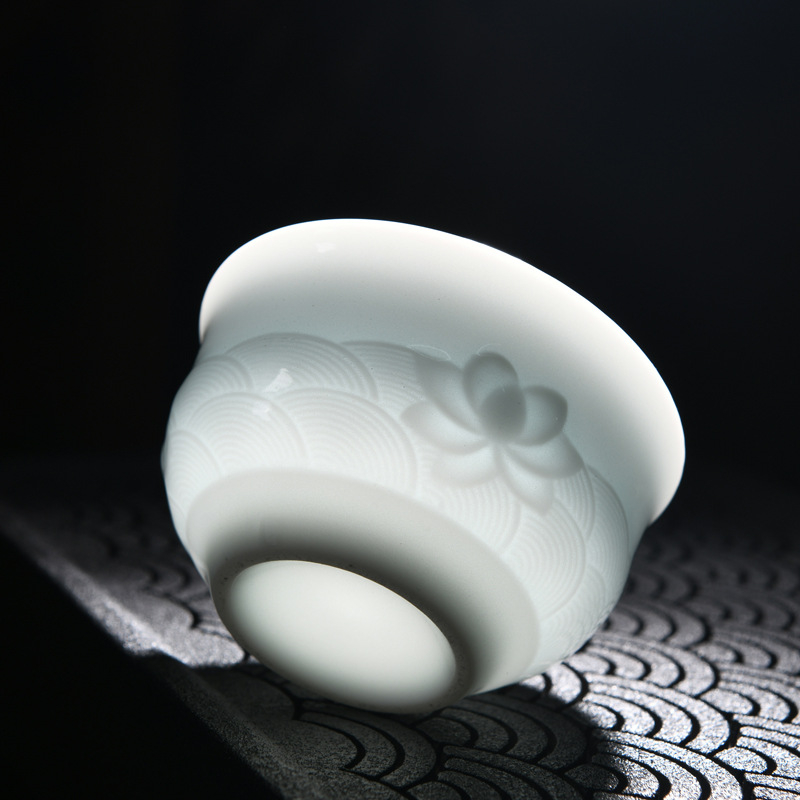 Ceașcă Gongfu pentru ceai – ceașcă ceramică individuală, set de ceai ceramic cu relief celadon, dimensiune mare