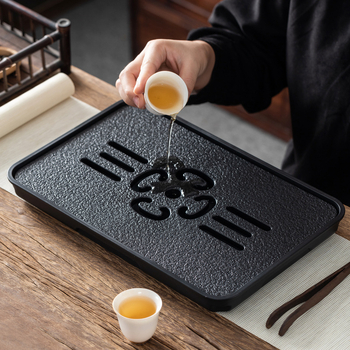 Tavă Gongfu pentru ceai cu set, platformă pentru infuzare uscată, piatră imitație negru-auriu, masă de ceai compactă pentru casă cu tavă de drenaj