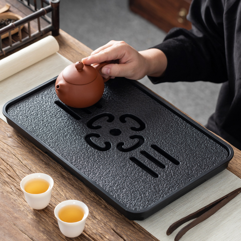 Tavă Gongfu pentru ceai cu set, platformă pentru infuzare uscată, piatră imitație negru-auriu, masă de ceai compactă pentru casă cu tavă de drenaj