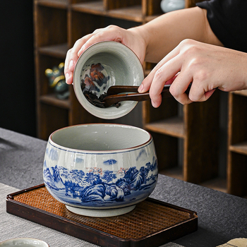 Jingdezhen porțelan albastru sub glazură, vas ceramic mare pentru ceai și recipient pentru resturi de ceai