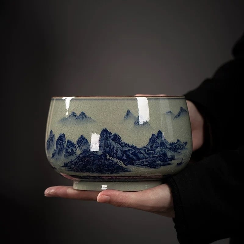 Jingdezhen porțelan albastru sub glazură, vas ceramic mare pentru ceai și recipient pentru resturi de ceai