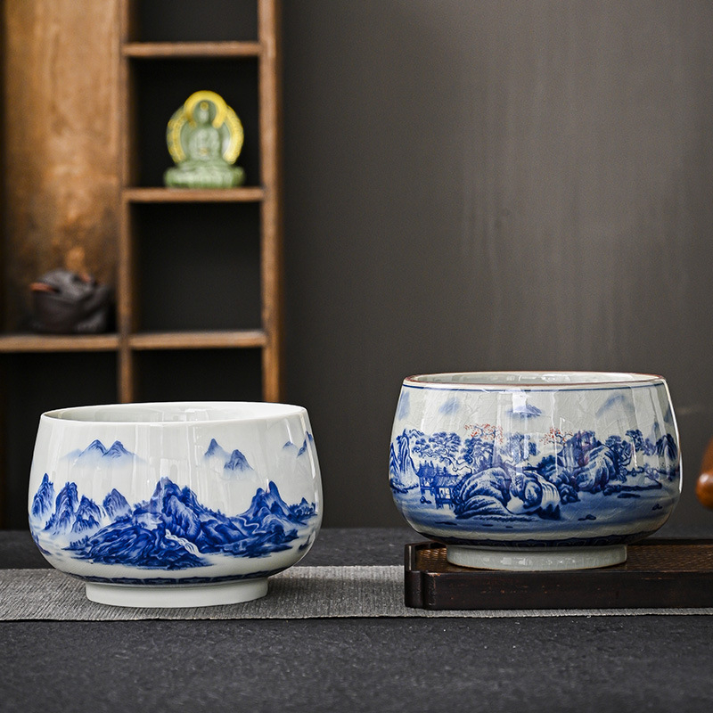 Jingdezhen porțelan albastru sub glazură, vas ceramic mare pentru ceai și recipient pentru resturi de ceai