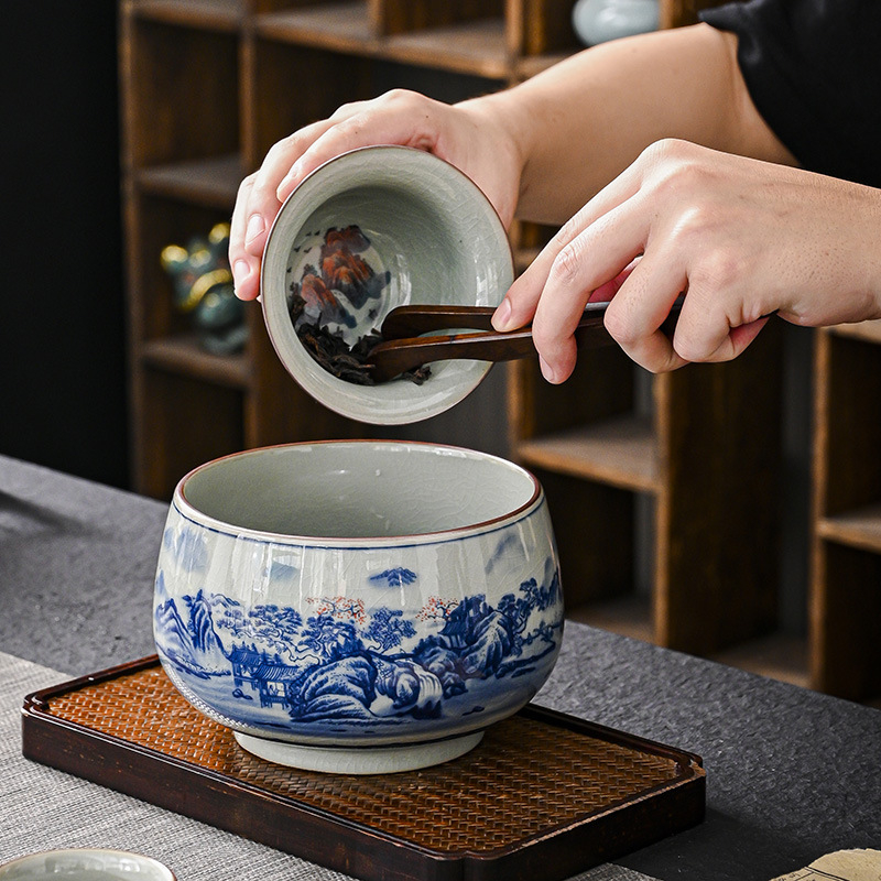 Jingdezhen porțelan albastru sub glazură, vas ceramic mare pentru ceai și recipient pentru resturi de ceai