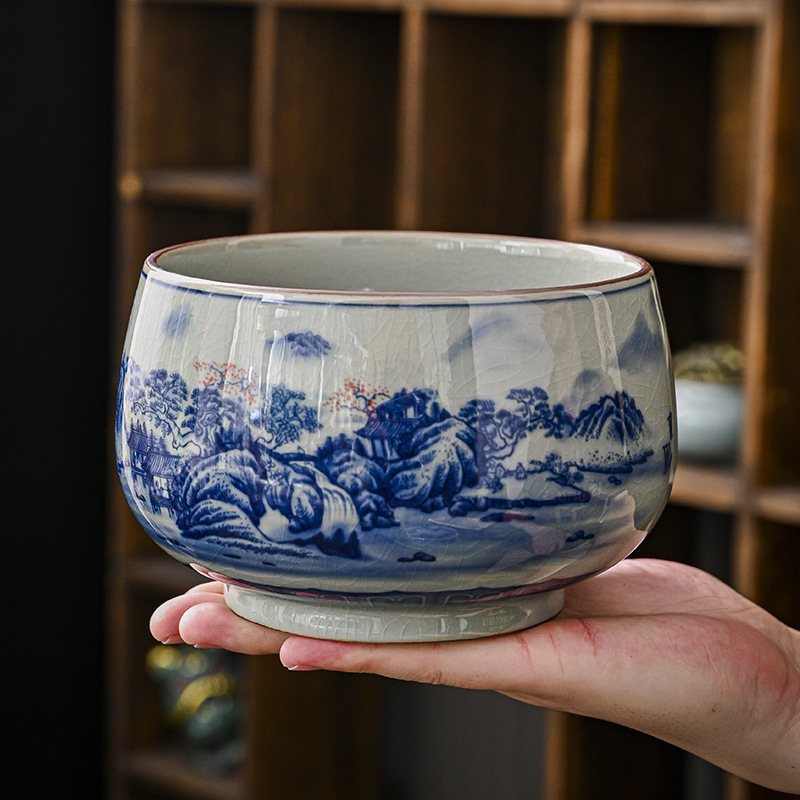 Jingdezhen porțelan albastru sub glazură, vas ceramic mare pentru ceai și recipient pentru resturi de ceai