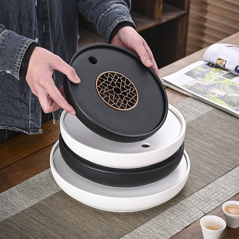 Tavă ceramică rotundă pentru ceai, cu drenaj și rezervor de apă