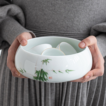 Lavoar ceramic pictat manual pentru ceai Gongfu, mare, porțelan alb – accesoriu pentru clătirea ceaiului și depozitarea cănilor